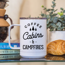 Load image into Gallery viewer, Coffee Cabins and Campfires Travel Mug
